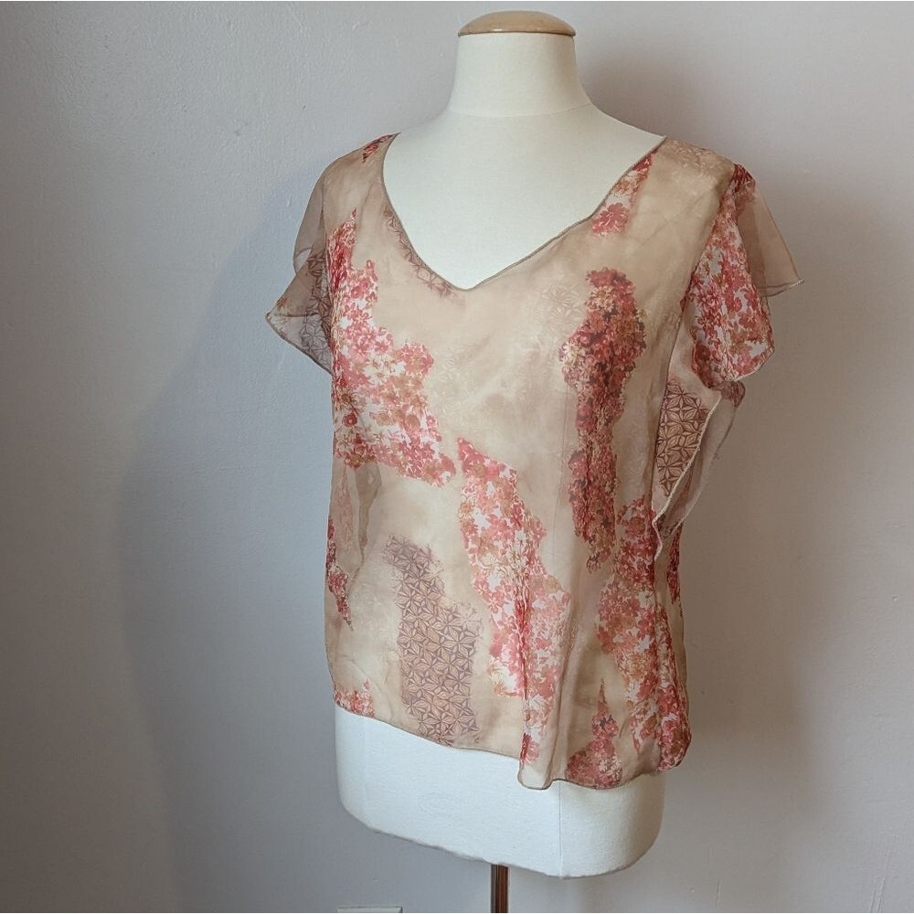 Vintage Y2K Sheer Tan and Pink V-neck Floral Top By Spoiled Girl Size L